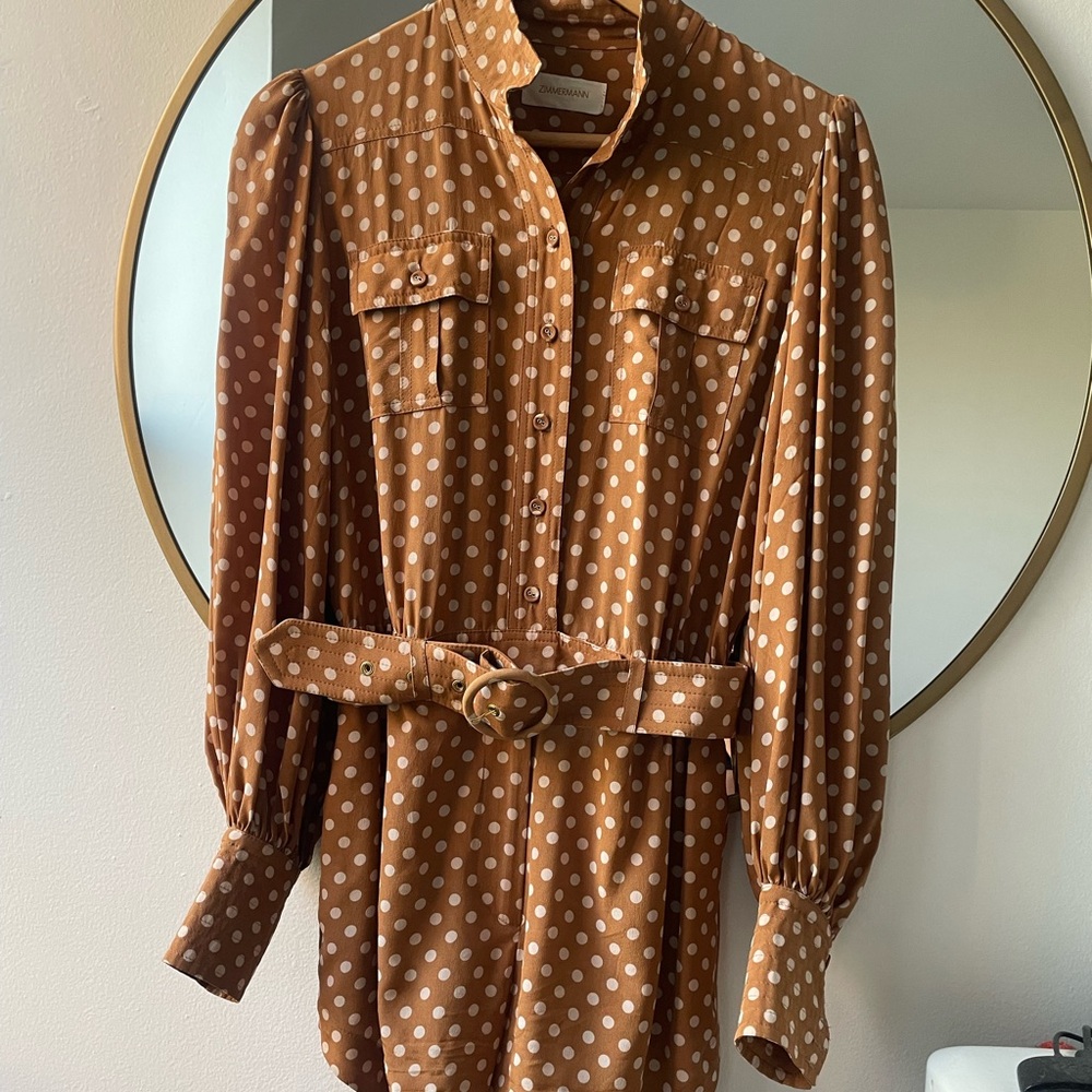 ZIMMERMANN Silk Polka Dot Print Romper in brown 
Size: XS